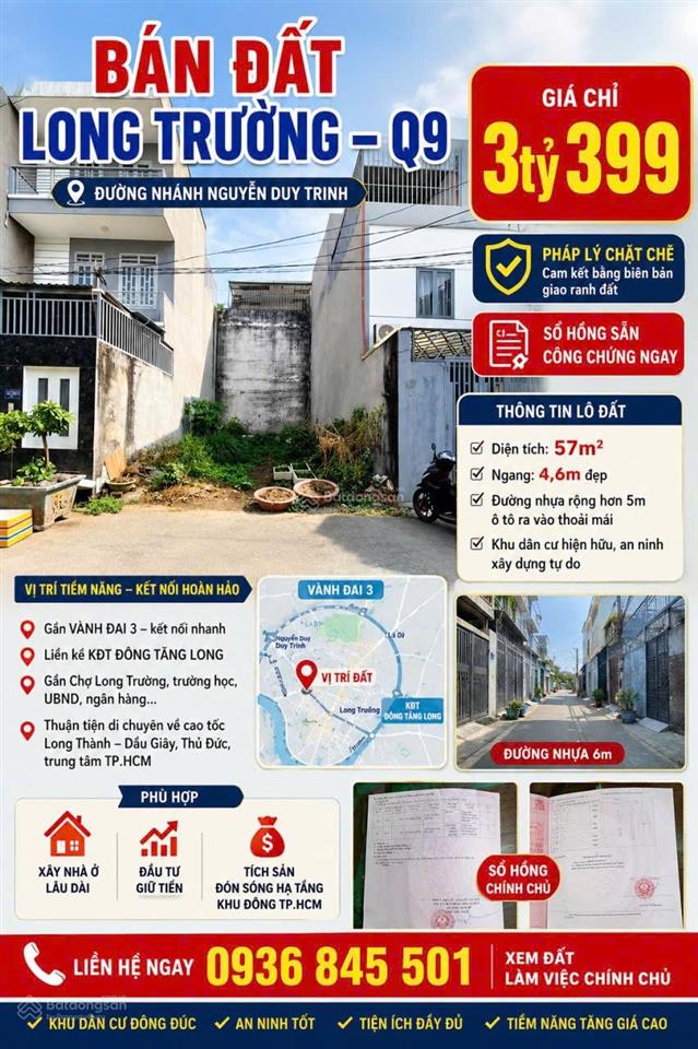 Chỉ 3 tỷ 399 sở hữu đất long trường q9  57m² đường nhựa 6m gần vành đai 3