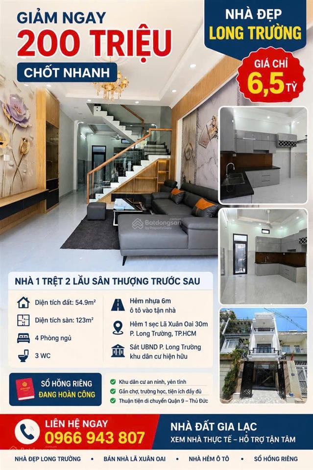 Giảm ngay 200 triệu  nhà 4pn hẻm xe hơi lã xuân oai, long trường chỉ 6.5 tỷ