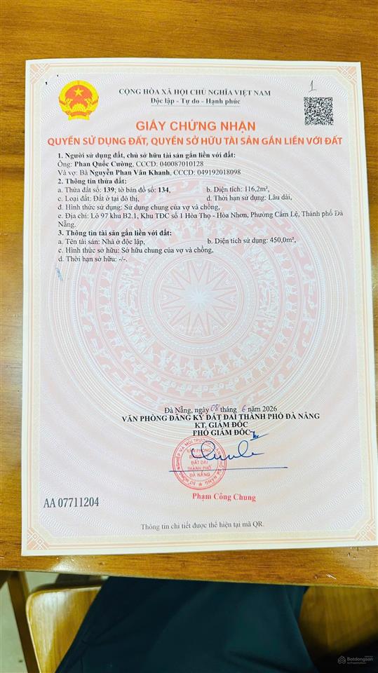 Bán tòa căn hộ mặt tiền đường 7m5 cầu đỏ túy loan dòng tiền 60 triệu/ tháng