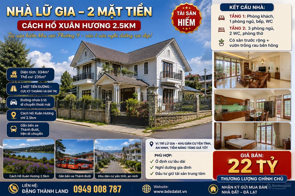 Villa lữ gia  2 mặt tiền  cách hồ xuân hương  đà lạt 2.5km dt 334m  giá  22 tỷ