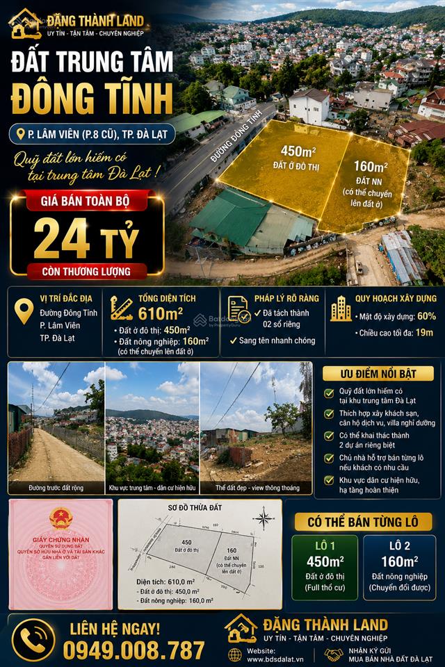 Đất trung tâm đông tĩnh  đà lạt  diện tích lớn 610m2 giá  24 tỷ phù hợp xây khách sạn, căn hộ