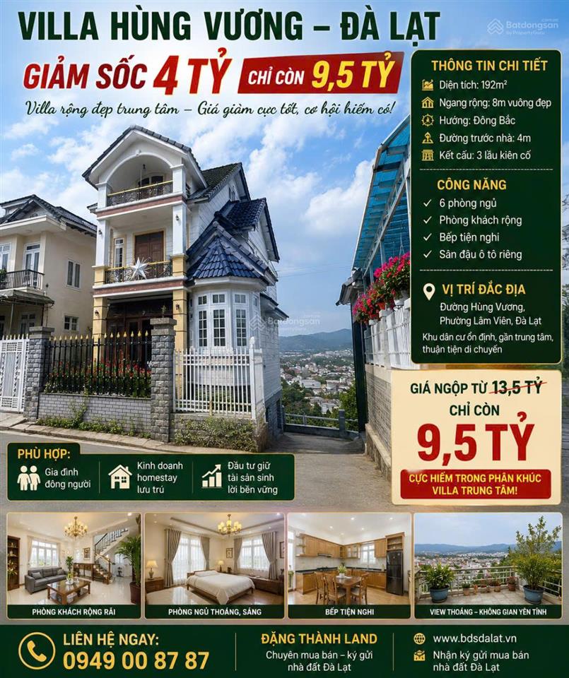 Ngộp bank giảm sốc 3 tỷ villa hùng vương  đà lạt  chỉ còn 9,5 tỷ  dt  192m2