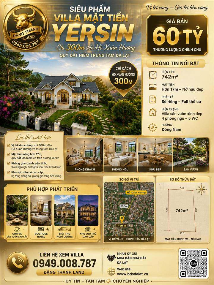 Villa mặt tiền yersin đà lạt chỉ 300m đến hồ xuân hươngquỹ đất hiếm diện tích 742m² gía 60 tỷ