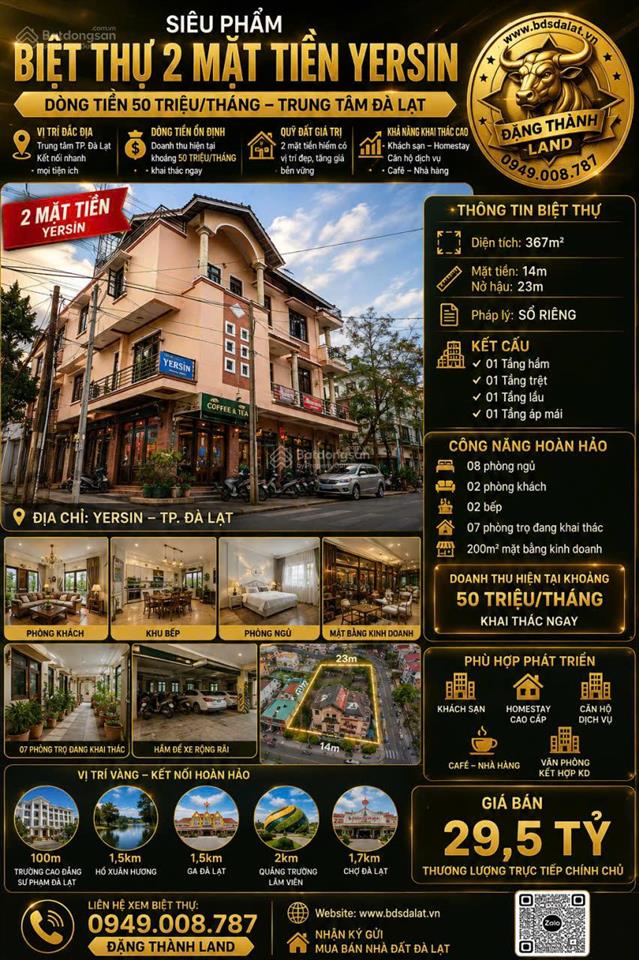 Bán gấp biệt thự tại yersin, đà lạt, cách hồ xuân hương 500m  29,5 tỷ, 367m2, 4 lầu, 15pn