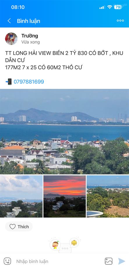 Tt long hải view biển 2 tỷ 830 có bớt, khu dân cư, cách biển dinh cô 1,5km