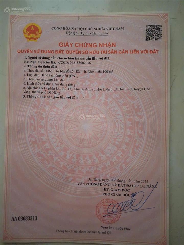 Bán đất tại hòa liên 5, 2,95 tỷ, 100m2, hòa vang, đà nẵng