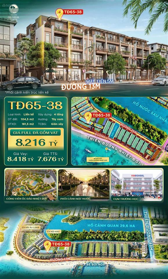 Bán liền kề xẻ khe 104,5m2 sát biển, gần công viên giá chỉ 7,6 tỷ có áp voucher thì còn giảm nữa.