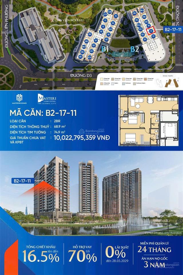 Bán 2pn 2wc 74,9m2 9,446 tỷ tại masteri cosmo central global city q2  0938 355 ***