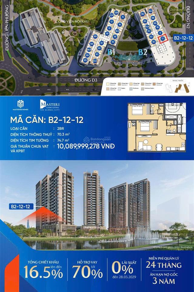 Bán 2pn 2wc 74,7 m2 9,9 tỷ tại masteri cosmo central global city q2  0938 355 ***