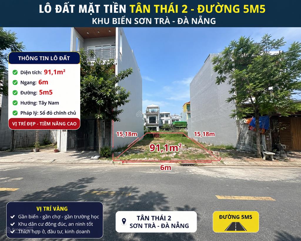 Chào bán lô đất mt tân thái 2dt 91,1m ngang 6m ,khu biển sơn trà đà nẵng