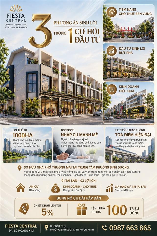 SỞ HỮU 01 CĂN NHÀ PHỐ TẠI FIESTA CENTRAL BÌNH DƯƠNG CHỈ HƠN 4.3 TỶ  0987663865
