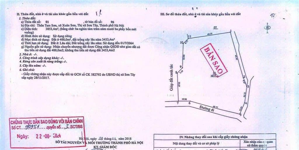 Bán đất tại tam sơn, xuân sơn, hà nội. diện tích 3853.4 m2 có 400m2 đất ở
