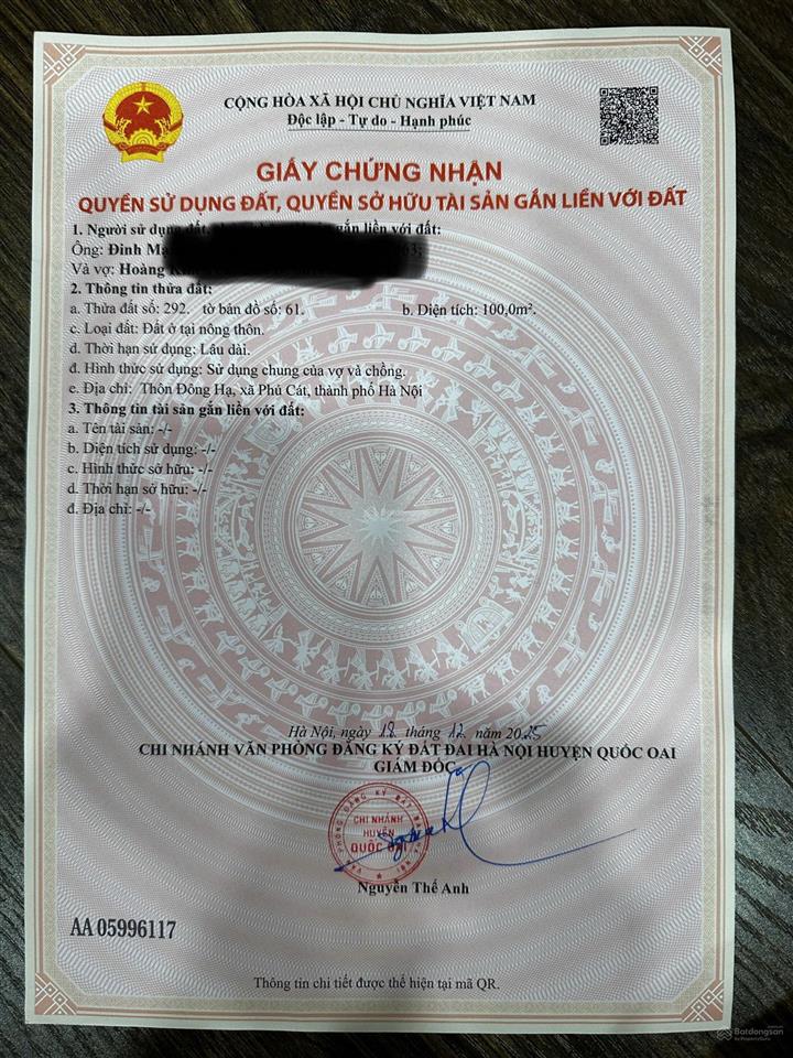 Bán lô đất 100m² siêu đẹp full thổ cư tại thôn đông hạ, xã phú cát, hà nội