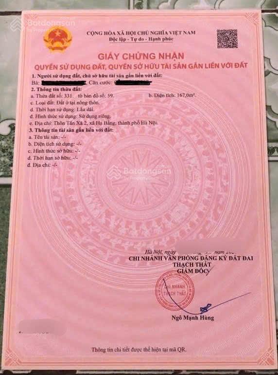 Bán đất sẵn nhà 2 tầng full thổ cư rộng 167m2, tại thôn tân xã 2, hạ bằng, hà nội
