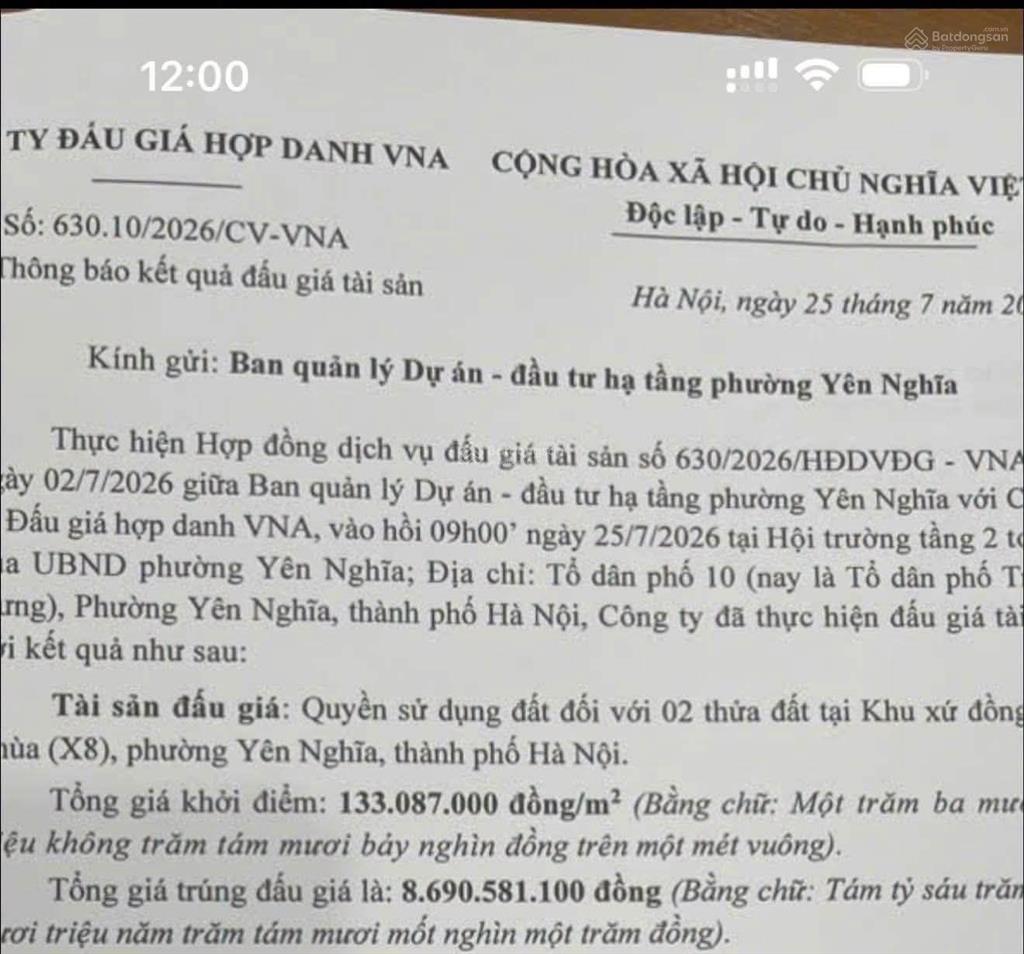 Đất đấu giá ngay khu bến xe yên nghĩa hà đông, giá trúng chỉ 133 triệu/m. lô đất đẹp