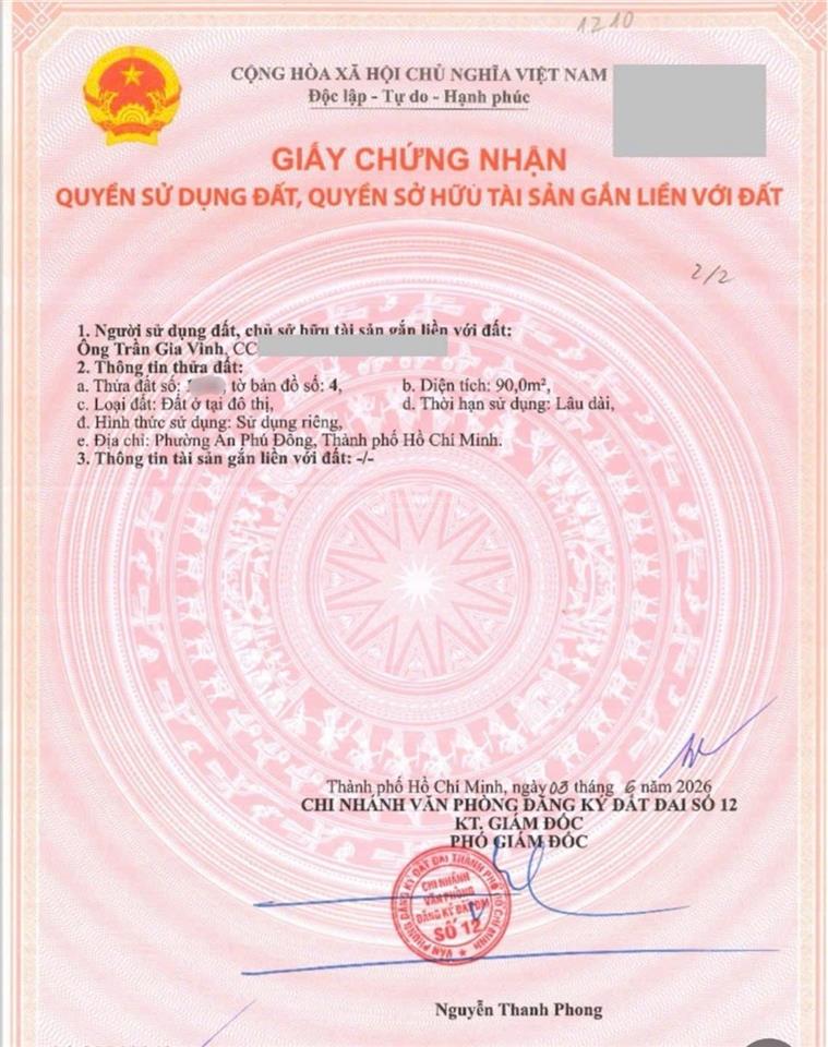 Đất thổ cư mặt tiền hà huy giáp, p. thạnh lộc, q.12 90m (6,8514m) đường 30m 6,280 tỷ