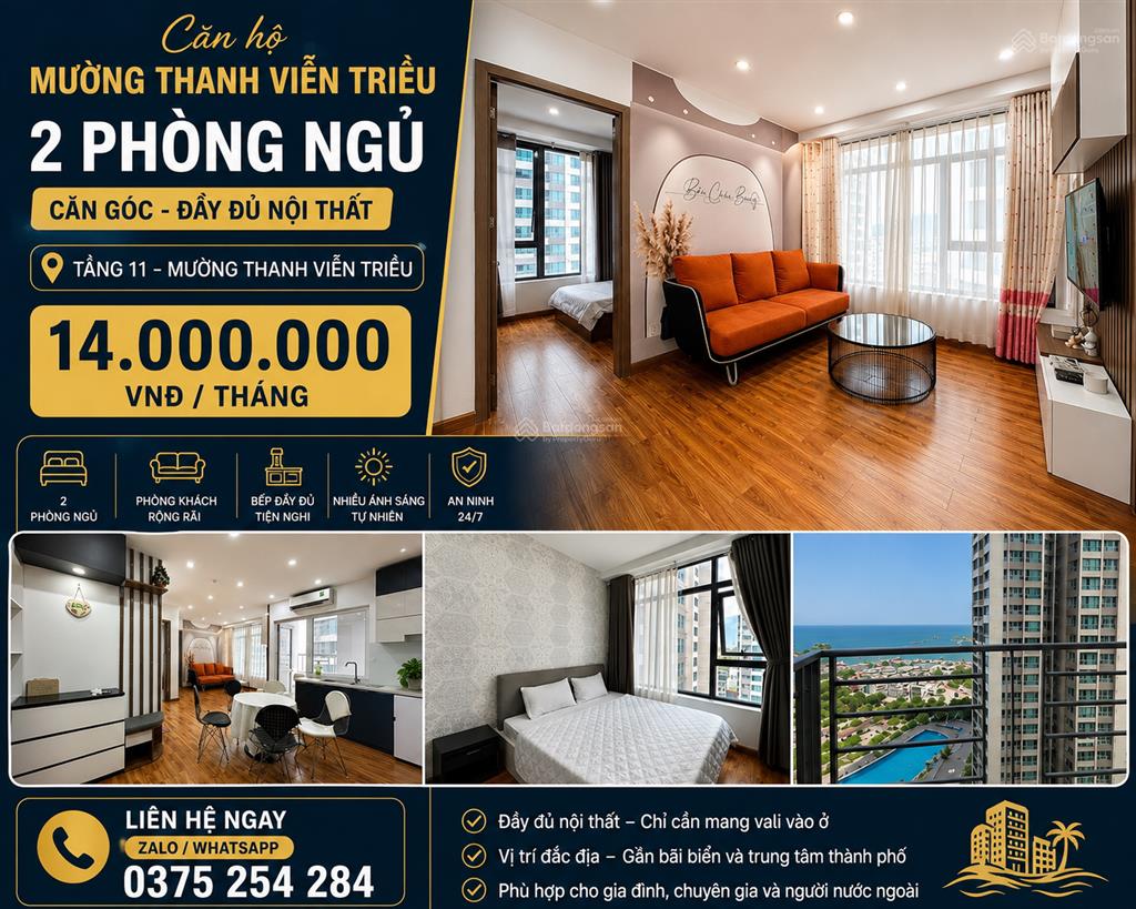 Chỉ 14 triệu/tháng căn góc 2pn mường thanh viễn triều, view biển đẹp