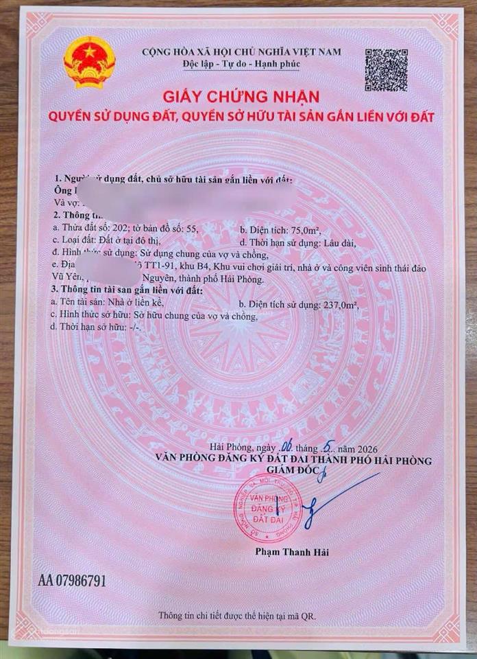 Hơn 8 tỷ đối diện quảng trường châu âu vinhomes vũ yên tài lộc 75m2 đường 30m đã có bìa
