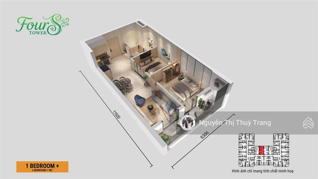55.8m² tại fours tower tòa f2 căn 1br+ view sông, biển, tối ưu không gian sống