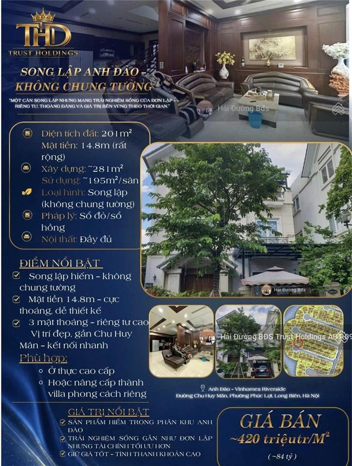 Căn chuẩn sl anh đào 201m2, mt 14,8m, không chung tường, như đơn lập. vị trí đẹp, ngay chu huy mân