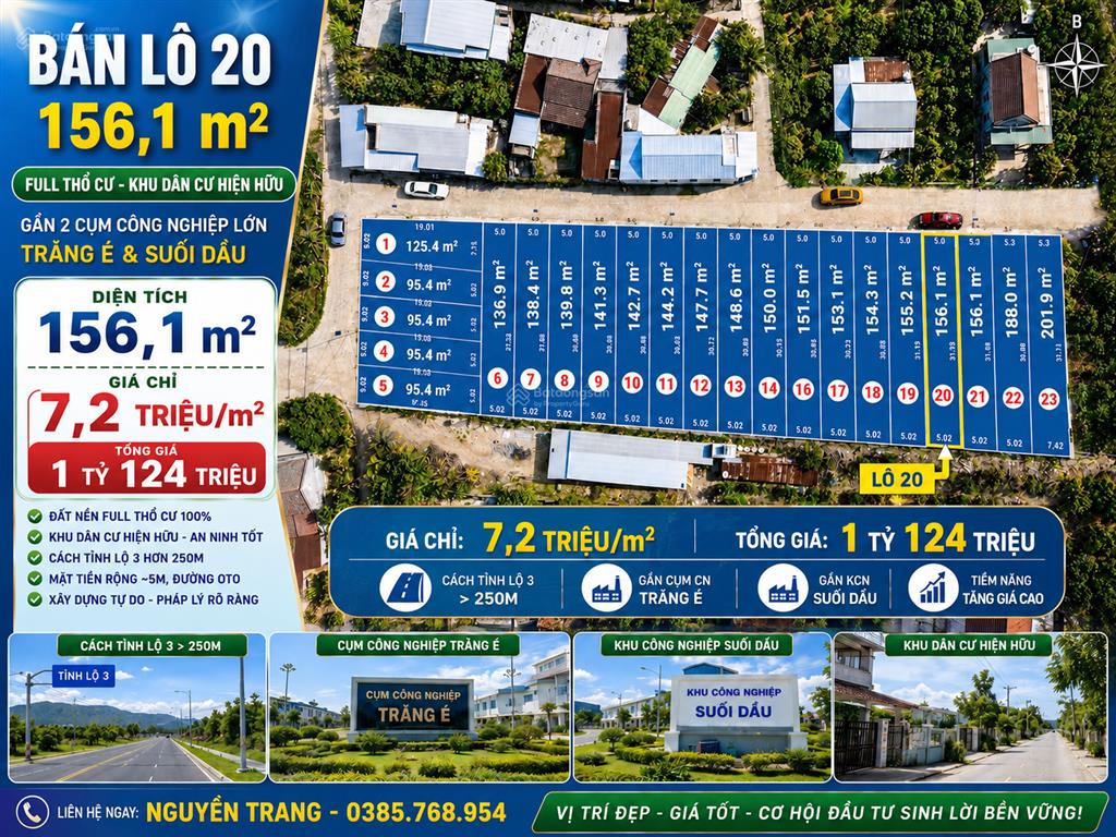 Bán lô đất thổ cư khu dân cư hiện hữu giá 7,2 tr/m2, diện tích 156,1 m, đường 5 m, gần 2 kcn