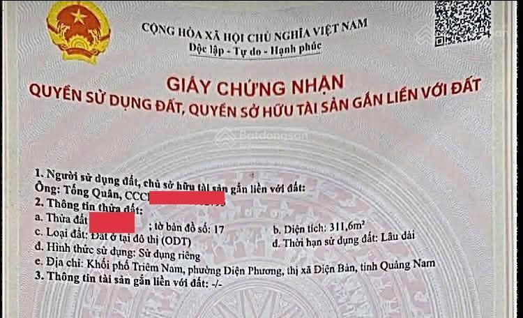 Bán đất 311.6m2 tại xã điện phương, huyện điện bàn, quảng nam, giá 1,8 tỷ