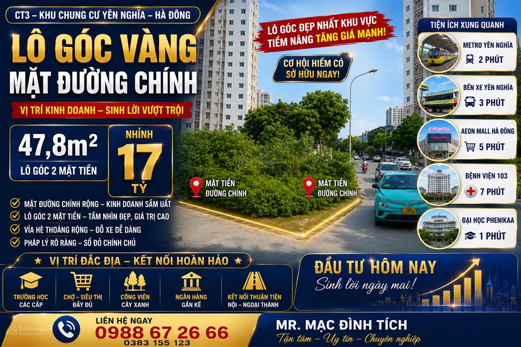 Lô góc vàng mặt đường chính yên nghĩa 47,8m2 chỉ nhỉnh 17 tỷ, cơ hội hiếm có!