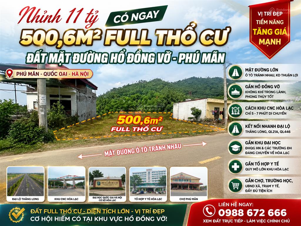 Đồng vỡ cơ hội hiếm tại phú mãn, chỉ nhỉnh 11 tỷ. diện tích 500,6m2 full thổ cư