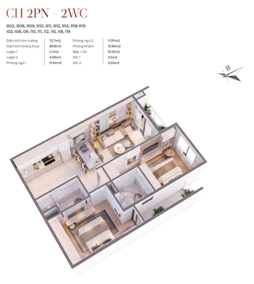 Bán căn 2pn2vs view quảng trường tầng cao thoáng ,thuộc trục căn 18