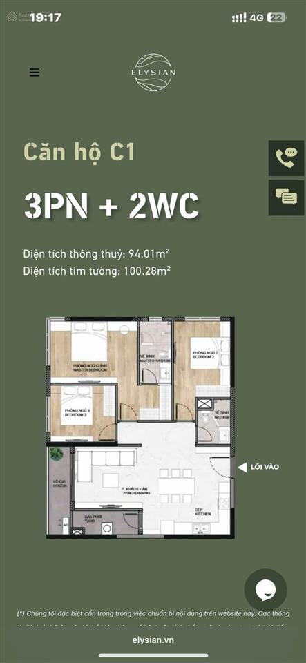 Chính chủ bán căn 3pn elysian lò lu diện tích 100,28m2 giá 6 tỷ 750. tt 50% nhận nhà quý 1/2027