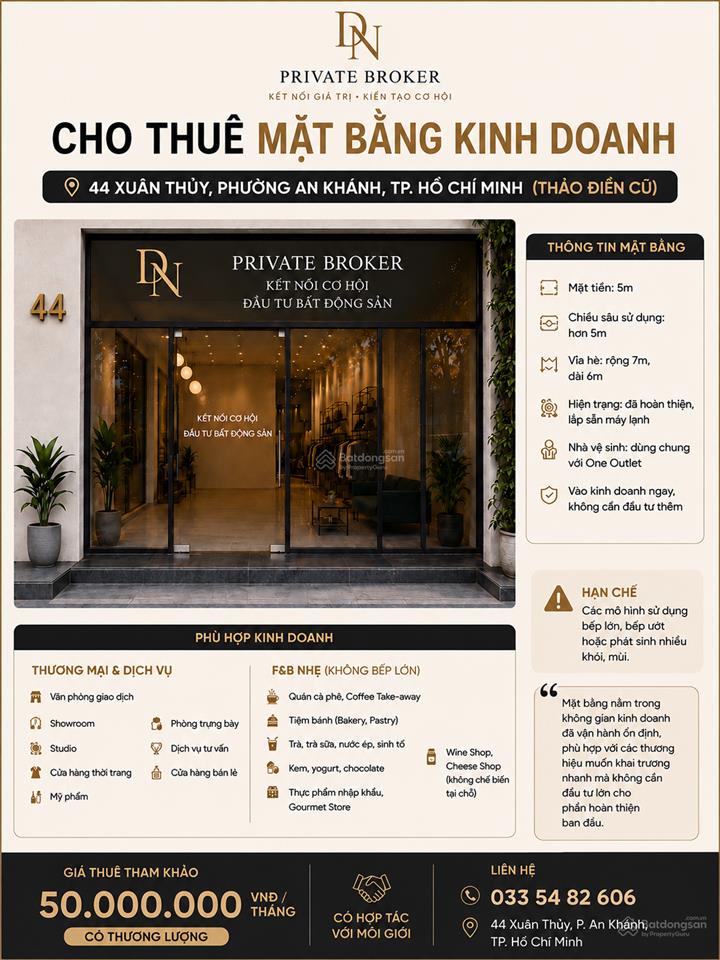 Cho thuê mặt bằng mặt tiền 44 xuân thủy, an khánh (thảo điền cũ) hoàn thiện, vào kinh doanh ngay
