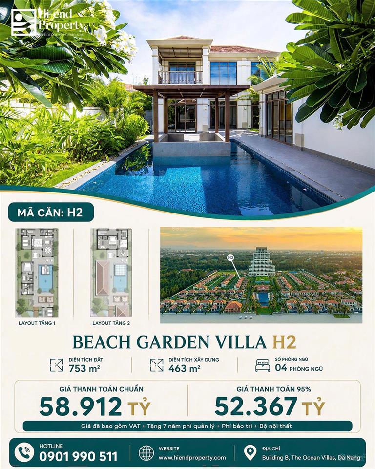 Biệt thự mặt biển fusion resort đà nẵng, căn villa cuối, 4 bed, sổ lâu dài, 753 m2