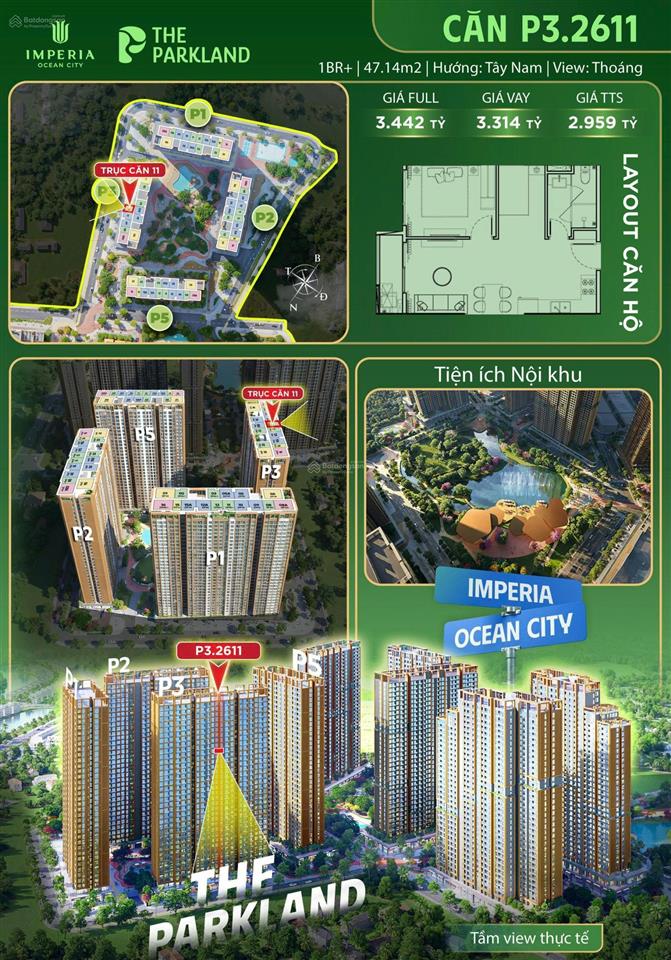 Bán cc the parkland  imperia ocean city, 2,959 tỷ, 47,14m2, 1pn+, 1wc, tầng trung, view đảo dừa