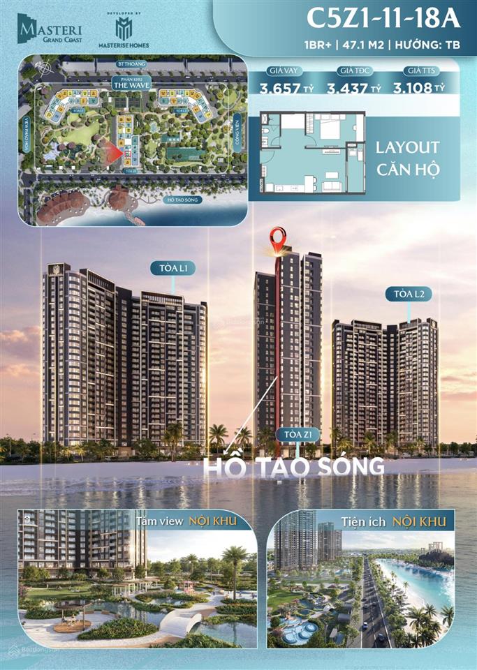 1pn + masteri grand coast ocp2 giá 3,108 tỷ 47,1m²,
tầng trung view đẹp giá rẻ, tối ưu công năng