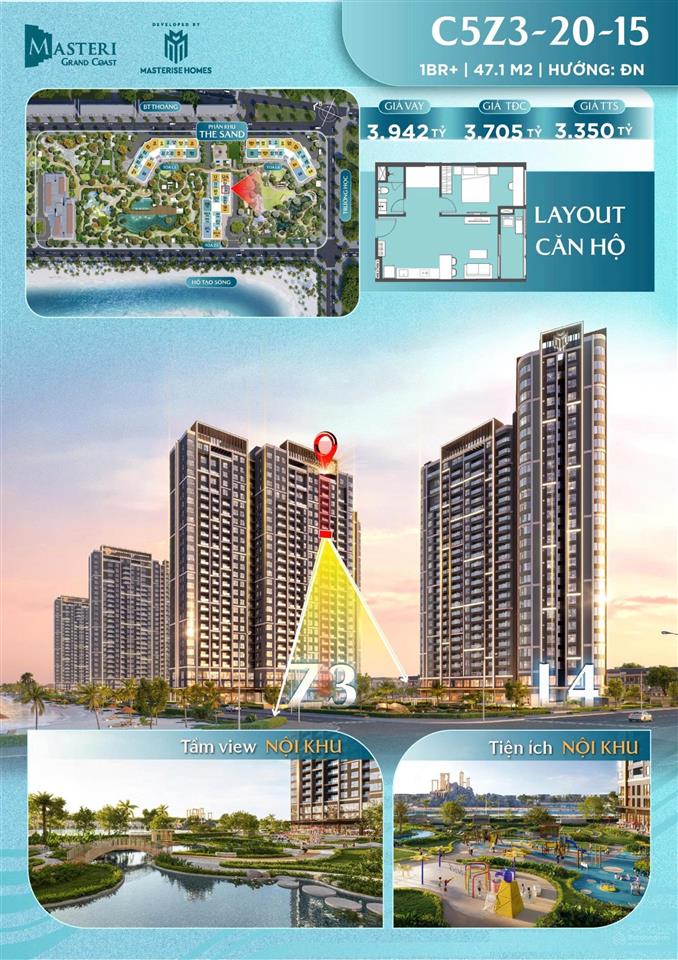 Bán cc 1pn+, 1wc, 47,1m2 tại masteri grand coast view ngọc trai, 3,35 tỷ, ocean park2, văn giang
