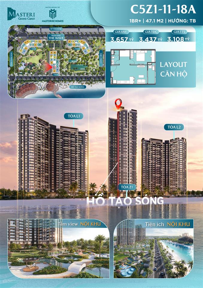 Bán ch 1pn + 1wc masteri grand coast, 3,108 tỷ, 47,1m2 ở ocp2, hưng yên, bên biển hồ tạo sóng