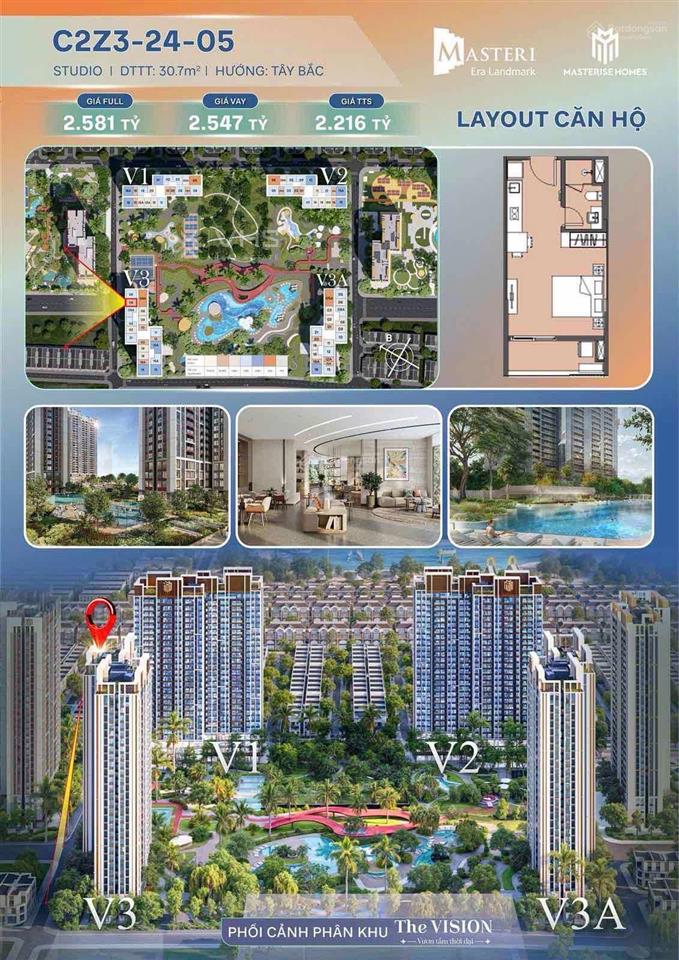 Hot stu c2z32405 dt 30,7m² giá chỉ từ 2,2 tỷ view thoáng, tòa v3 the vision masteri era landmark