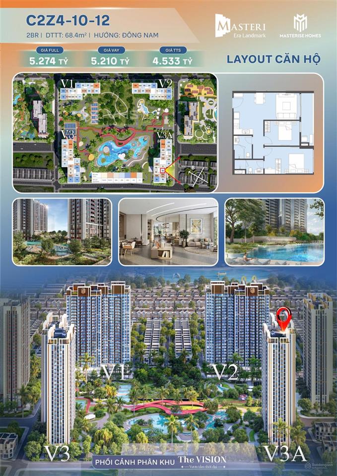 2pn masteri era landmark 68,4m2, tầng trung, view đông nam 4,533 tỷ đồng.