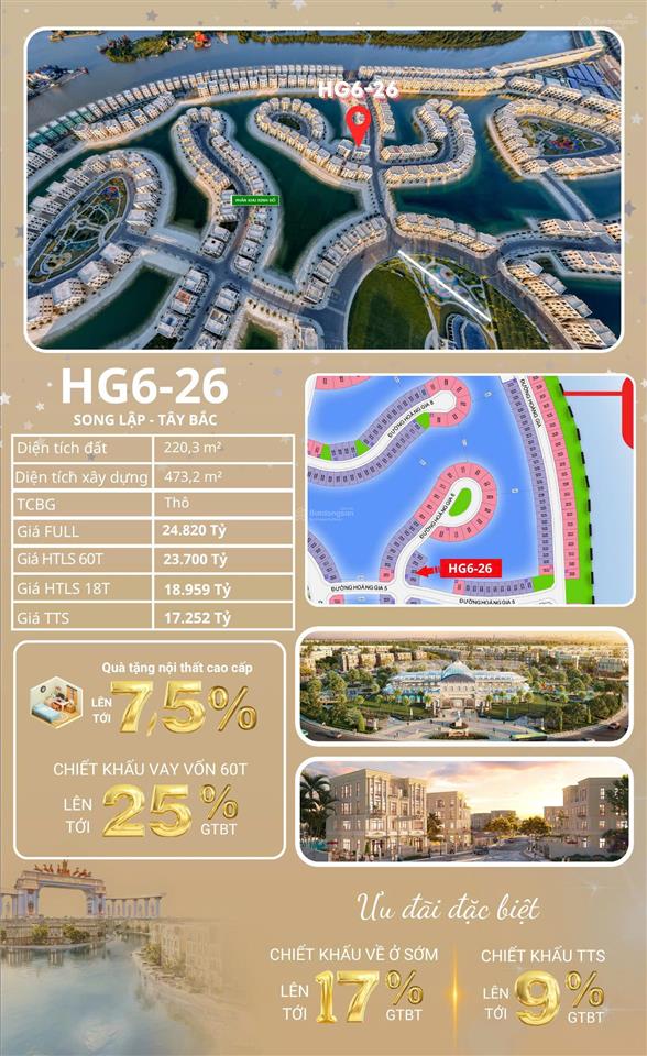 Bán song lập vip hg626 dt 220,3m2 vinhomes royal island 17,25 tỷ