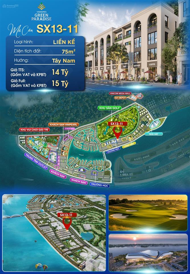 Bán liền kề sx1311 thanh toán sớm 14 tỷ, 75 m2, tại vinhomes green paradise