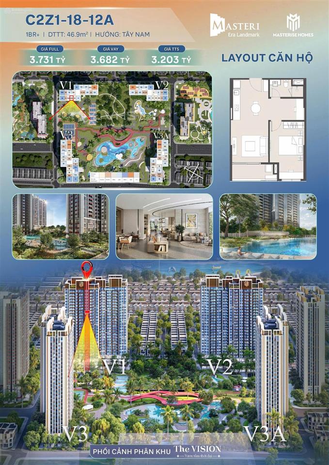 Bán căn hộ 1pn + , 1wc, 3,2 tỷ, 46,9m2, view đẹp, tòa v1 the vision masteri era landmark ocp3