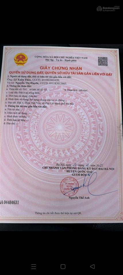 Bán gấp đất tại xóm 4 thôn việt yên, 4,444 tỷ, 286.8m2, pháp lý đầy đủ