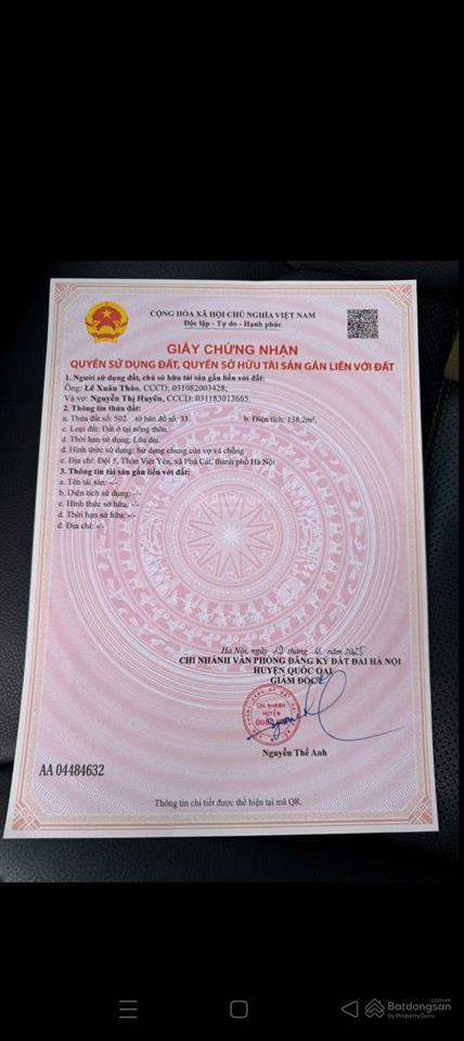 Bán gấp đất tại xóm 4 thôn việt yên, 4,444 tỷ, 286.8m2, pháp lý đầy đủ