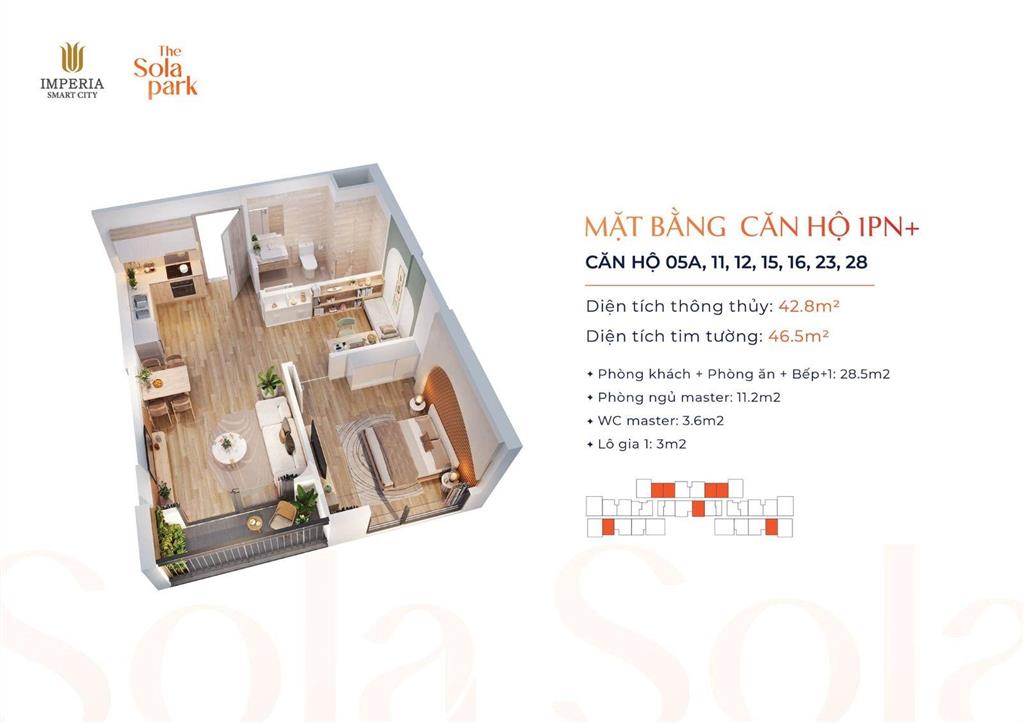 Chính chủ  cần bán căn hộ diện tích 47,5 m² (1pn+) tòa the sola park g1 tầng trung
