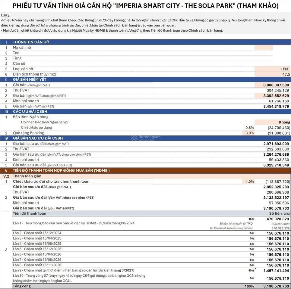 Chính chủ  cần bán căn hộ diện tích 47,5 m² (1pn+) tòa the sola park g1 tầng trung