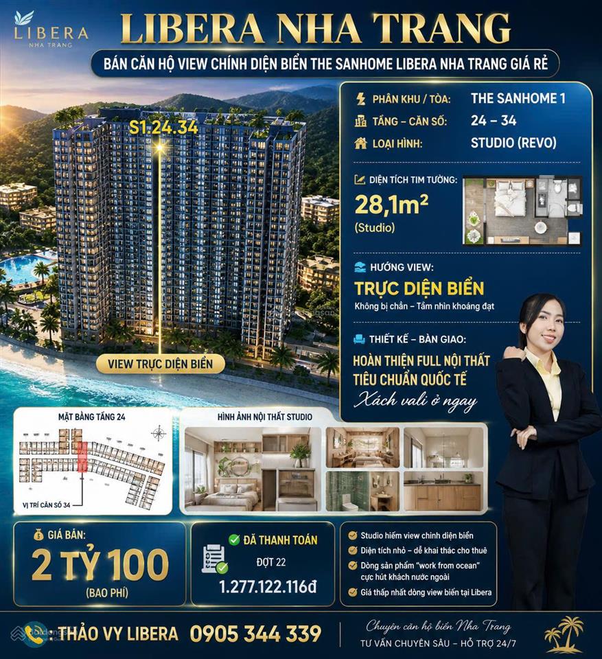 Bán căn trực biển toà sanhome vị trí đẹp hiếm có 1pn  28,1m2 tại libera nha trang