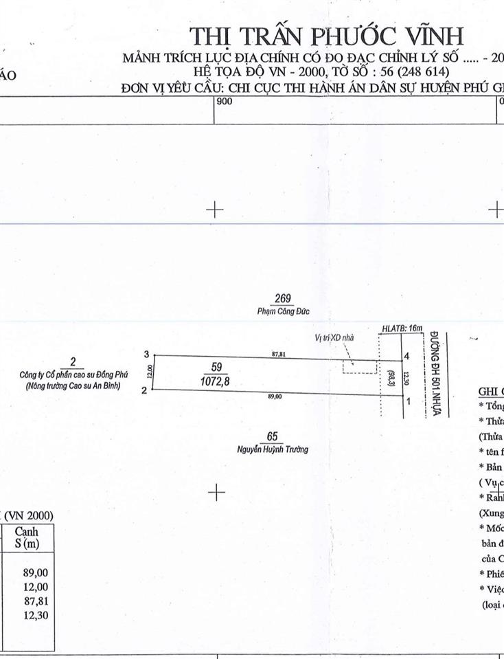12,3x89m mặt tiền dh501 phước vĩnh, phú giáo, bình dương 1116m2