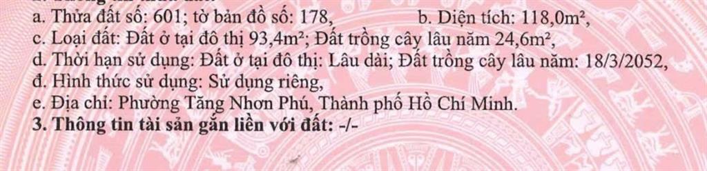 Bán đất 118m thổ cư tăng nhơn phú, tp.hcm | vị trí dân cư tiện ích đầy đủ