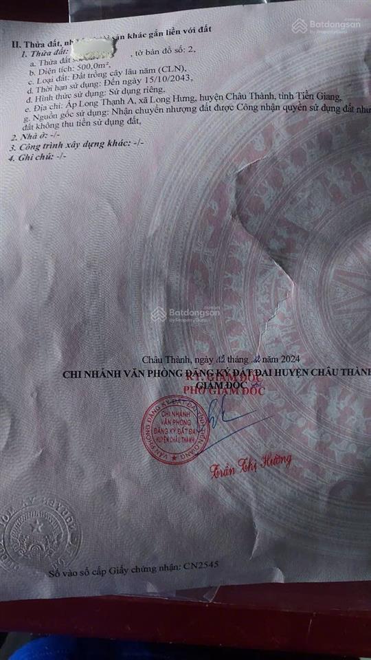 Tôi chính chủ cần bán mảnh đất vườn 500m2 ở long hưng, châu thành, tiền giang giá chỉ 500tr