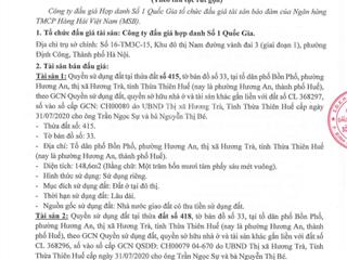 Quyền sử dụng đất tại thửa đất số 418, tờ bản đồ số 33, tại phường hương an, thành phố huế